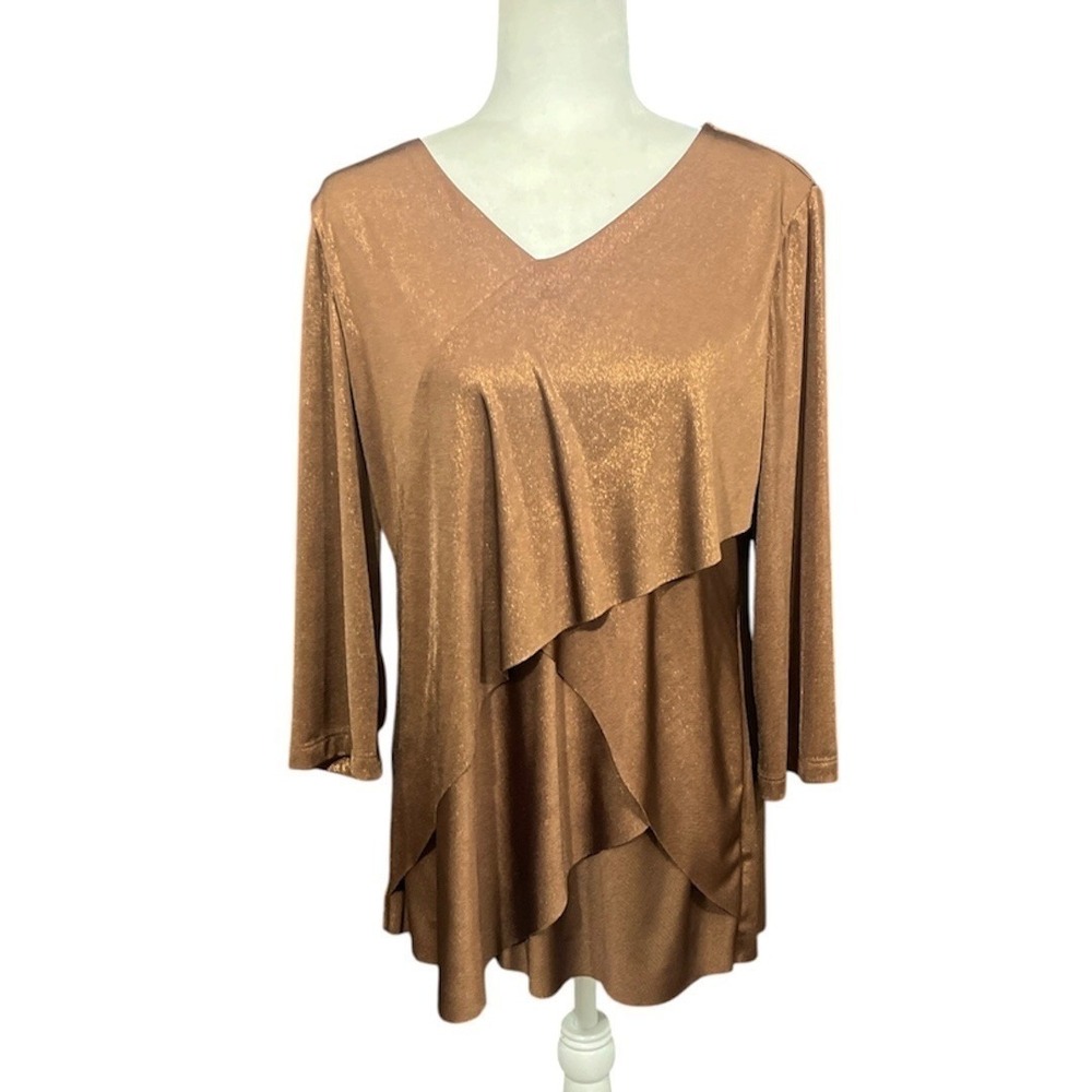 Chico's Travelers Liquid Shimmer Sz Large Bronze Tiered Stretch V-Neck